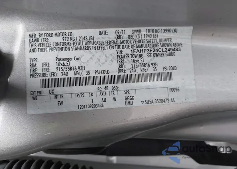 2012 Ford Focus Se z USA, uszkodzony, nr VIN 1FAHP3F24CL249483